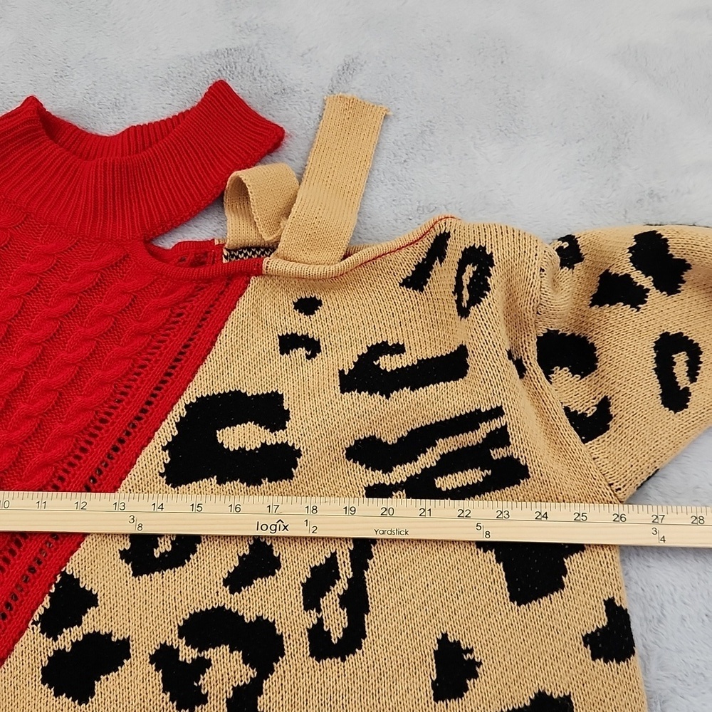 Womens Ribbed Cable knit Red and Leopard Print one shoulder Pullover turtleneck - Picture 8 of 9